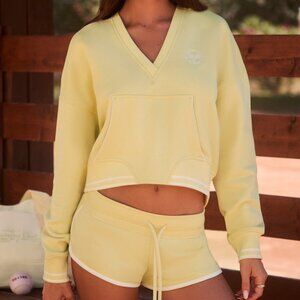Bo & Tee Oh Polly V-Neck Sporty Athleisure Hoodie in Lemon Yellow